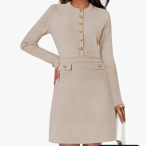 Chic Long Sleeve Beige Dress with Gold Accents